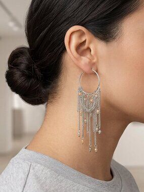 BKE Silver Tassel Hoop Earrings